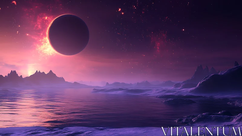 Gentle alien seascape under a glowing eclipse sky.