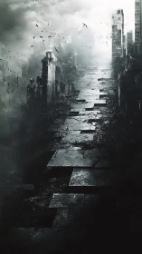 Post-apocalyptic city ruins with fractured stone road.