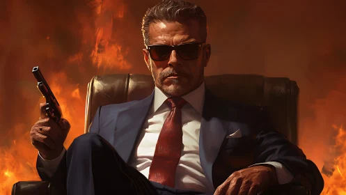 Calm power in a burning room, a suited boss at ease.