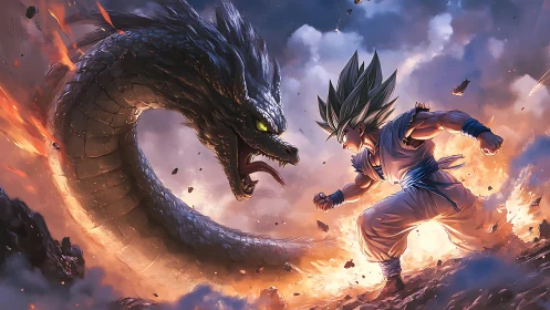 Saiyan warrior faces massive dragon in explosive battle