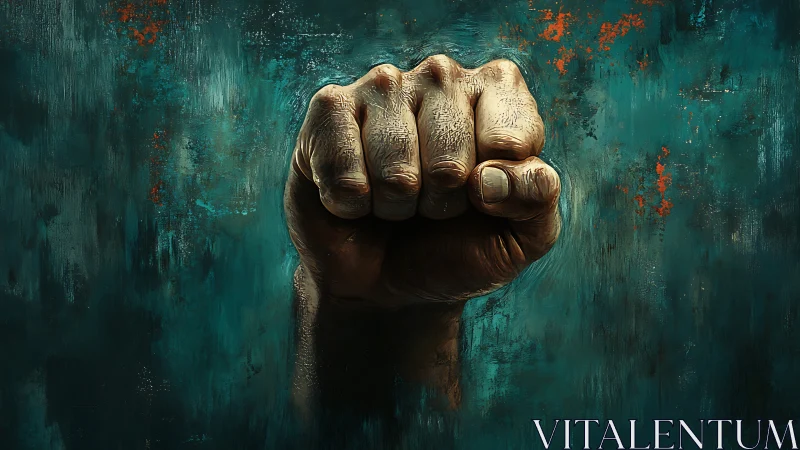 Clenched Fist Against Textured Teal Background.