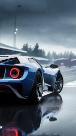 Blue supercar cuts wet racetrack under dramatic rainstorm.
