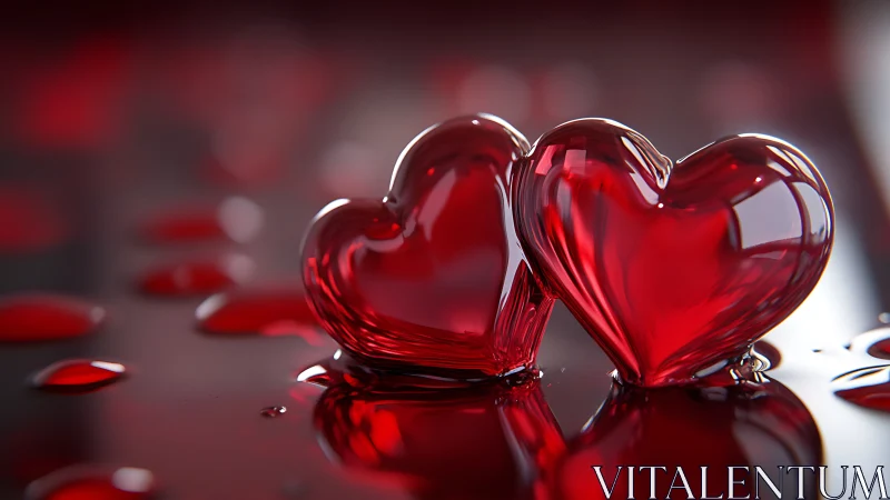 Three dimensional glass hearts rendered with optical refraction.