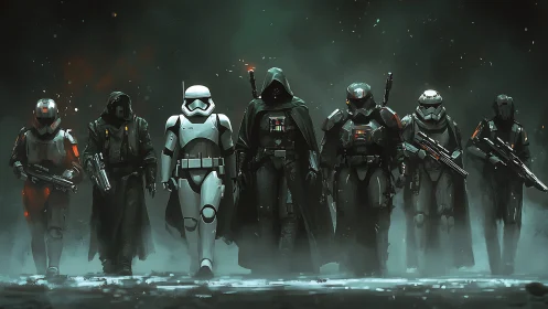 Armored sci fi squad advancing through smoky battlefield.