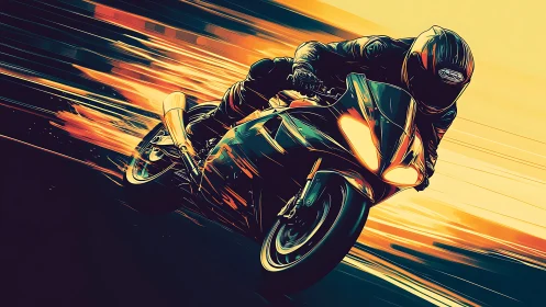 High-speed sport motorcycle leans into a turn in stylized neon vectors