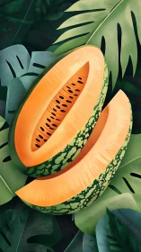 Sliced cantaloupe-style melon rendered with layered tropical foliage