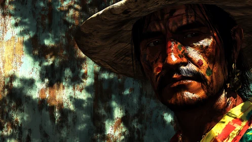 Weathered cowboy in dramatic shadow and peeling light.