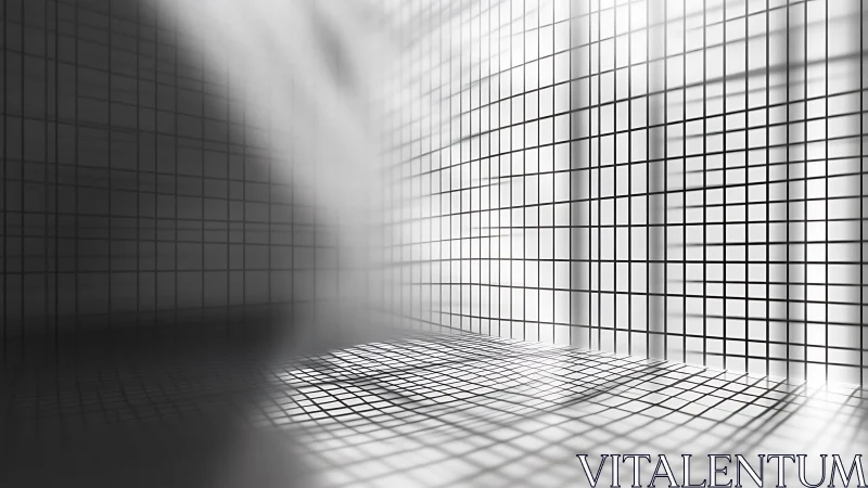 Light streams through abstract grid walls in monochrome space