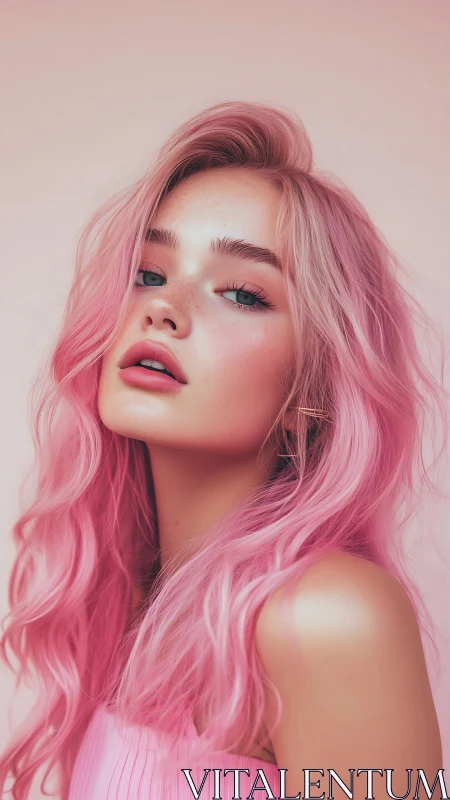 Digital portrait of young woman with long pastel pink hair.