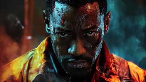 High-contrast close-up portrait with cinematic rim lighting and smoke