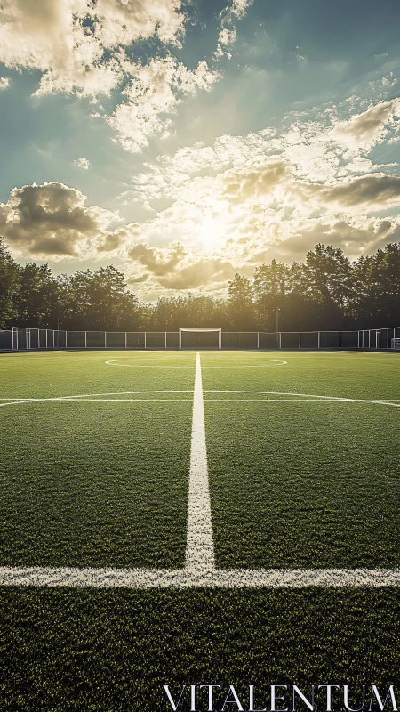 Sunlit synthetic soccer pitch with central perspective lines