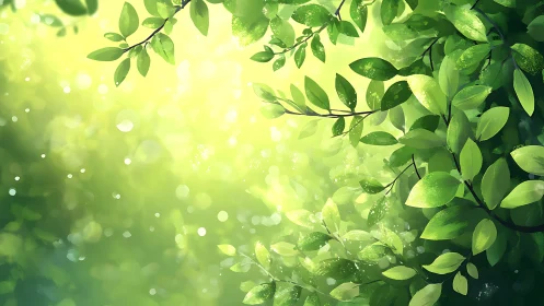 Sunlit green leaves frame soft glowing forest bokeh