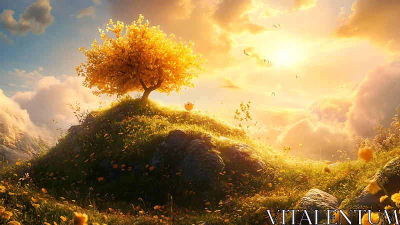 Golden tree crowns a dreamy hill under radiant sunset.