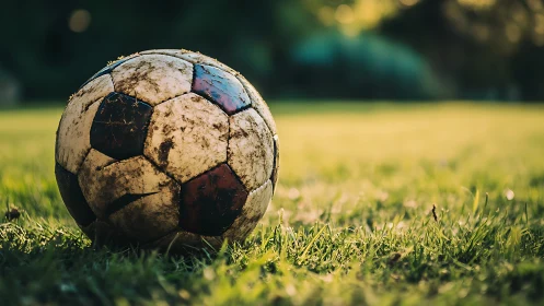 Weathered soccer ball on grass field in soft daylight.