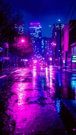 Neon magenta city street in rain with reflective wet asphalt