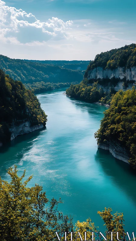 Vertical river valley scene shows turquoise water between cliffs