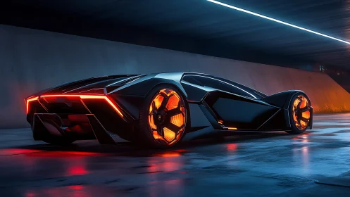 Midnight neon supercar gliding through a sleek tunnel.
