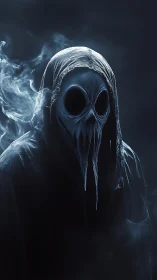 Hooded wraith with skeletal mask in dark smoky void.