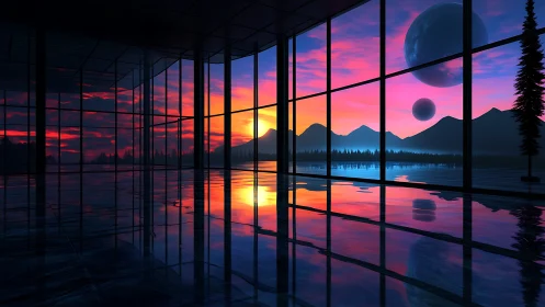 Panoramic glass interior reflects alien sunset with dual planets