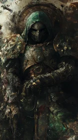 Rust-crowned grave knight brooding in shattered emerald armor.