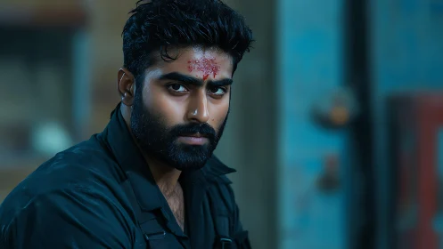 Intense bearded man with forehead mark in moody close-up.