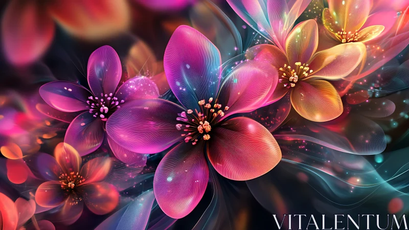Iridescent digital blossoms glow across deep abstract space