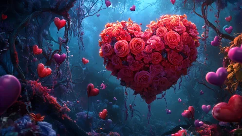 Heart-Shaped Rose Sculpture Glows in Enchanted Blue Forest.