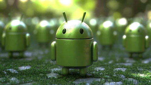 3D Android robot mascot standing on wet grass field.