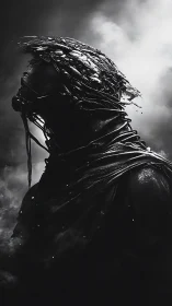 Shadowed warrior rises in swirling smoke and broken armor