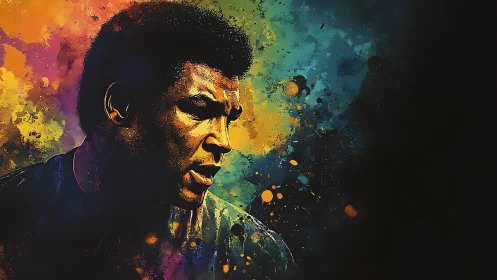 Color-splashed boxer portrait glows against dark void.