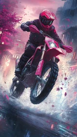 Neon storm rider shreds a rainlit cherry blossom street.