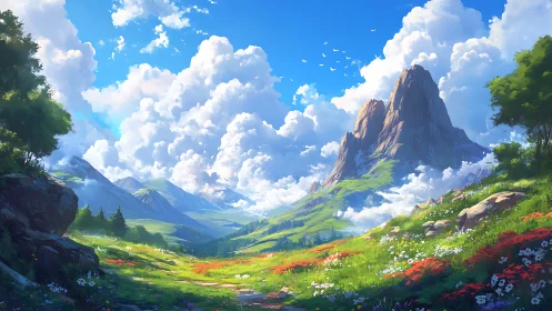 Digital mountain valley landscape shows layered depth and light