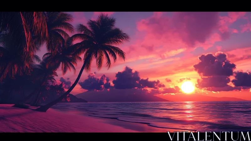 Neon-infused tropical sunset seascape renders cinematic calm