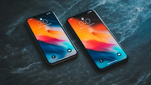 Two smartphones displaying gradient wallpapers on textured dark surface.