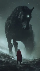 Colossal spectral horse confronts lone hero in storm