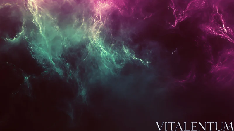Nebula-like teal and magenta digital clouds fill dark frame