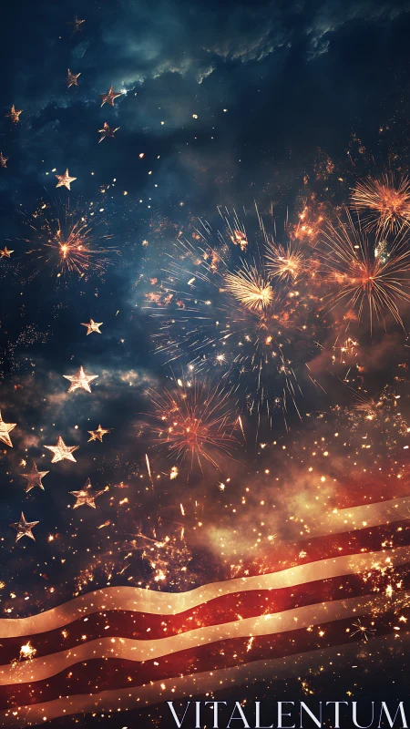 Fireworks burst over stylized American flag in night sky