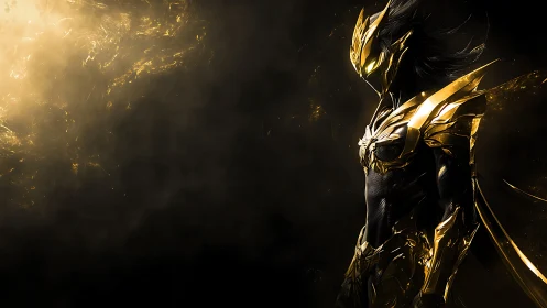 Golden armored warrior emerges from swirling cosmic light.