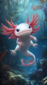 Curious axolotl drifts through a glowing, mystical lagoon