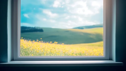 Window frame presents out-of-focus hills and flower field