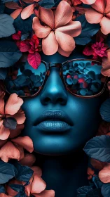 Cool blue face framed by dreamy coral pink flowers.