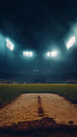 Nighttime baseball field under stadium floodlights viewed low.