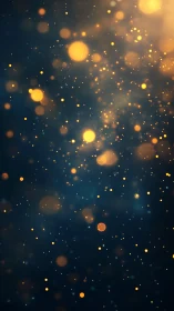 Golden bokeh light particles float over dark blue background.