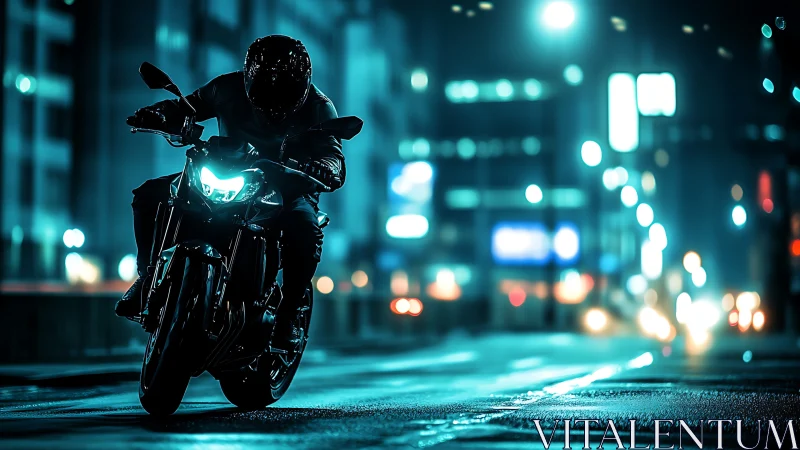 Motorcyclist cuts through neon soaked city street at night.