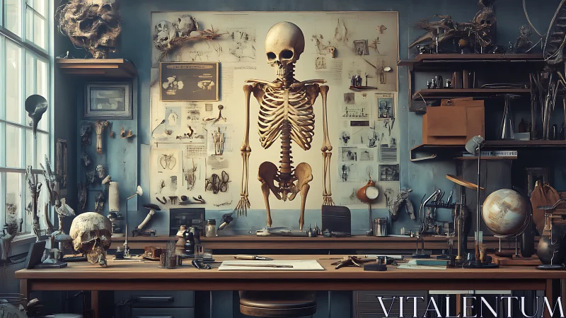 Human skeleton in anatomical study room with research tools.