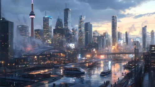 Neon waterfront skyline under moody twilight rainstorm.