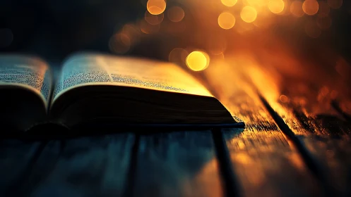 Firelit pages breathe under dusk-lit bokeh skies.