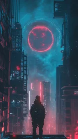 Lone figure in neon cyberpunk city under red planet.