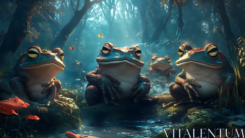 Digital painting of luminous frogs in enchanted forest glade.