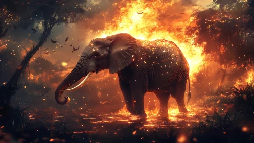 Majestic elephant silhouetted against blazing jungle inferno.